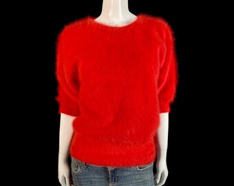 90% angora flou vintage JEONG HEE pull rouge à manches courtes 34" buste