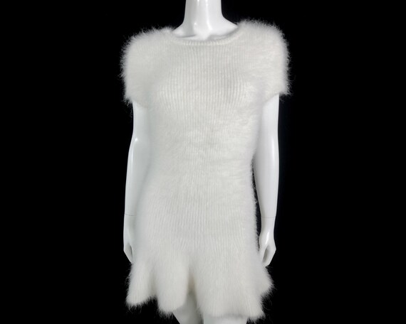 70% Angora Fuzzy Vintage LINE White Flounced Tunic Mini-dress