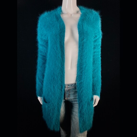 80% Angora Fuzzy THEORY Teal Blue Open-Front Dust… - image 10