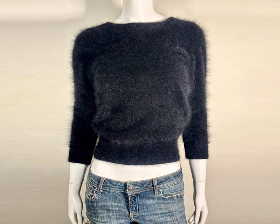 70% Angora Fuzzy Vintage BRASS PLUM Schwarz V-Back Pullover 32