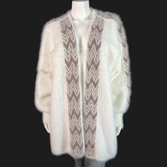 80 Angora Fuzzy Vintage White Brown Open Front Cardigan Sweater Jacket 45 bust