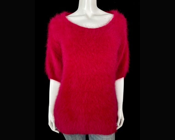 75% Angora Fuzzy Ruby Red Short-Sleeve Scoop-Neck Tunic Sweater Dress 34" bust