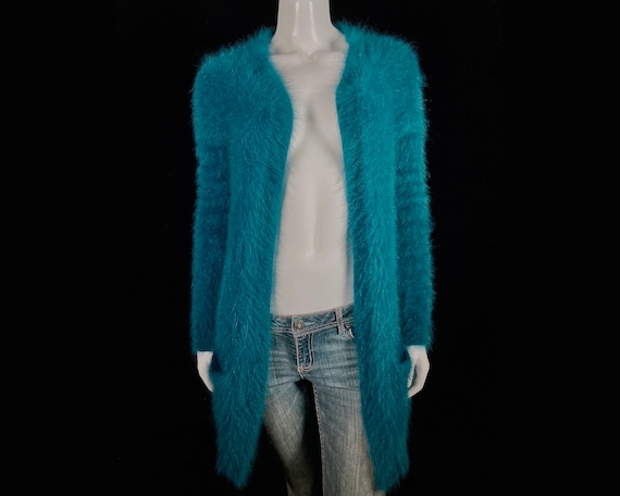 80% Angora Fuzzy THEORY Teal-Blue Open-Front Dust… - image 1