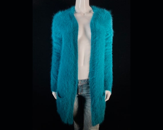 80% Angora Fuzzy THEORY Teal Blue Open-Front Dust… - image 1