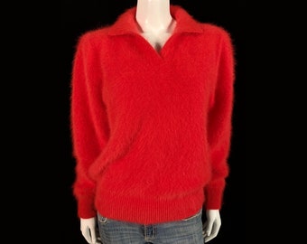 80% Angora Fuzzy Vintage DONGO FASHION Red Puff-Sleeve Pullover Sweater 40"-Bust