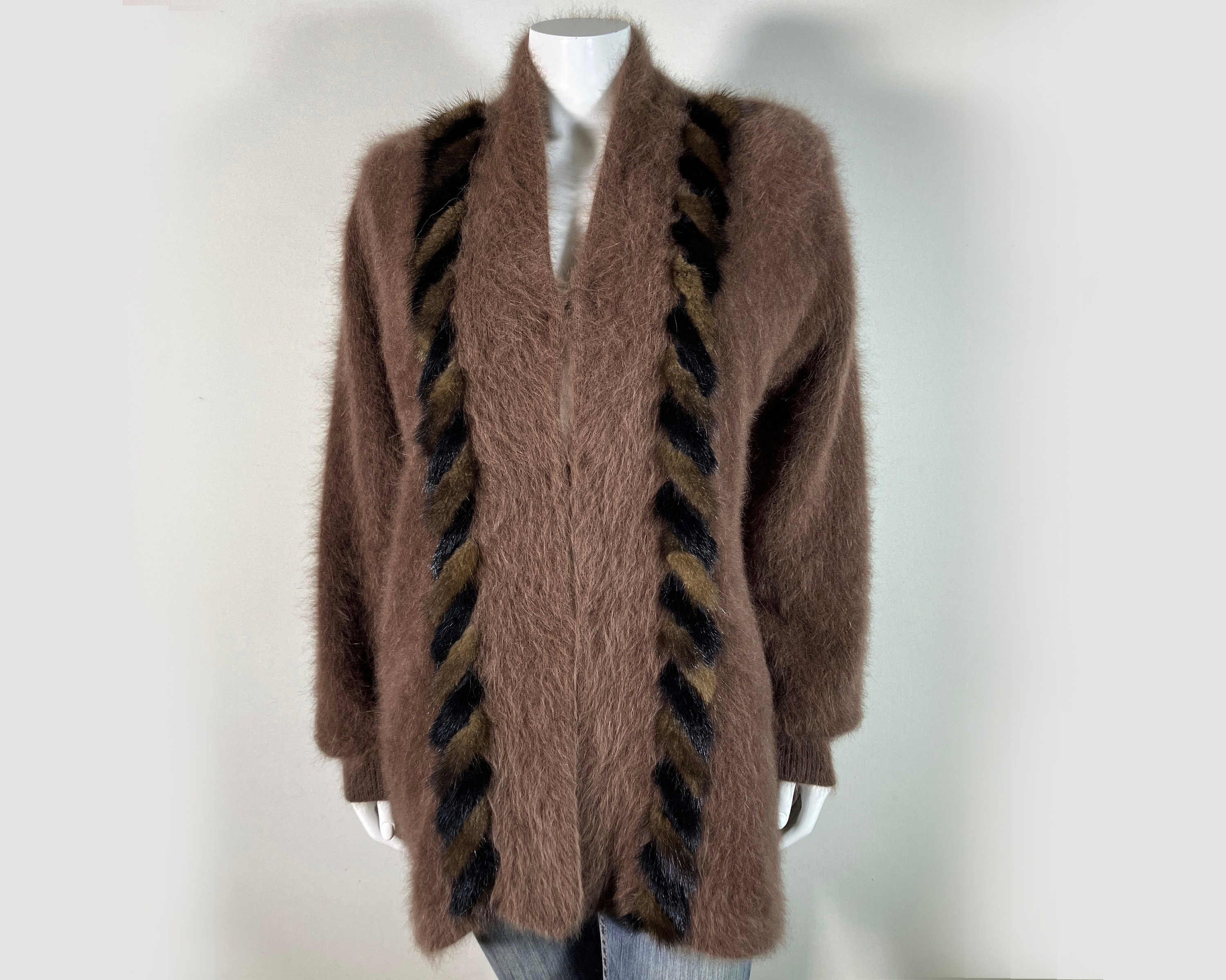 80% Angora Fuzzy Vintage CONNIE A LEE Brown Fur-trim Sweater
