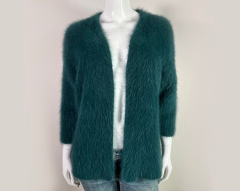 75 % Angora Fuzzy Vintage H&M Grüner Open-Front Cardigan Pullover 42" Büste