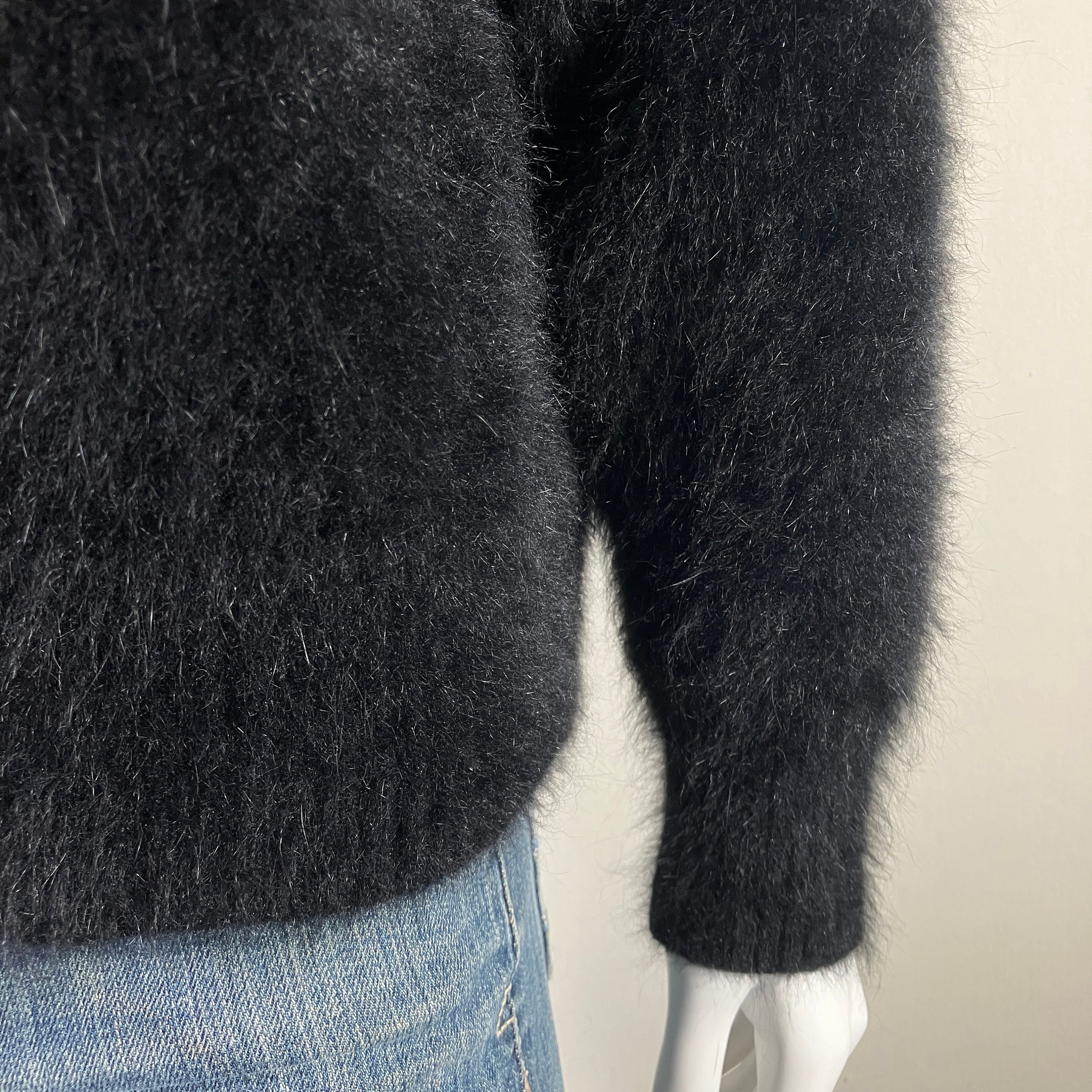 80% Angora Fuzzy Vintage VENESHA Black Rhinestone Zipper Sweater