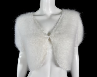 Bolero nupcial con escote en V blanco, tejido a mano, 95 % angora, 36" de busto