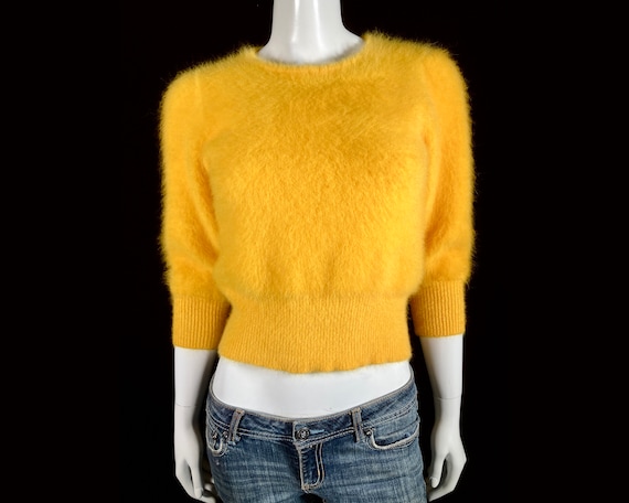 80% Angora Fuzzy BELL REINE Yellow Pullover Sweat… - image 1