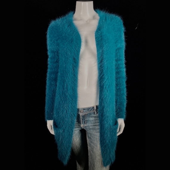 80% Angora Fuzzy THEORY Teal-Blue Open-Front Dust… - image 2