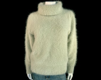 80% Angora Fuzzy Vintage VENESHA Sage Green Long Sleeve Turtleneck Sweater 40" Bust