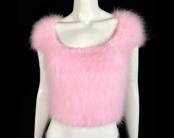 100% Angora Fuzzy Pink Hand-knit NWT OOAK Scoop-Neck Pullover Sweater 32" Bust