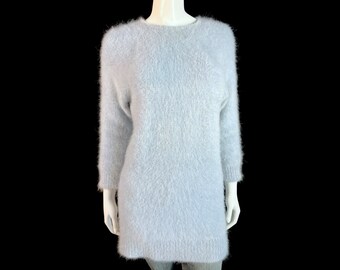35% Angora Fuzzy Hand-knit Blue Long Pullover Tunic Sweater 37" bust