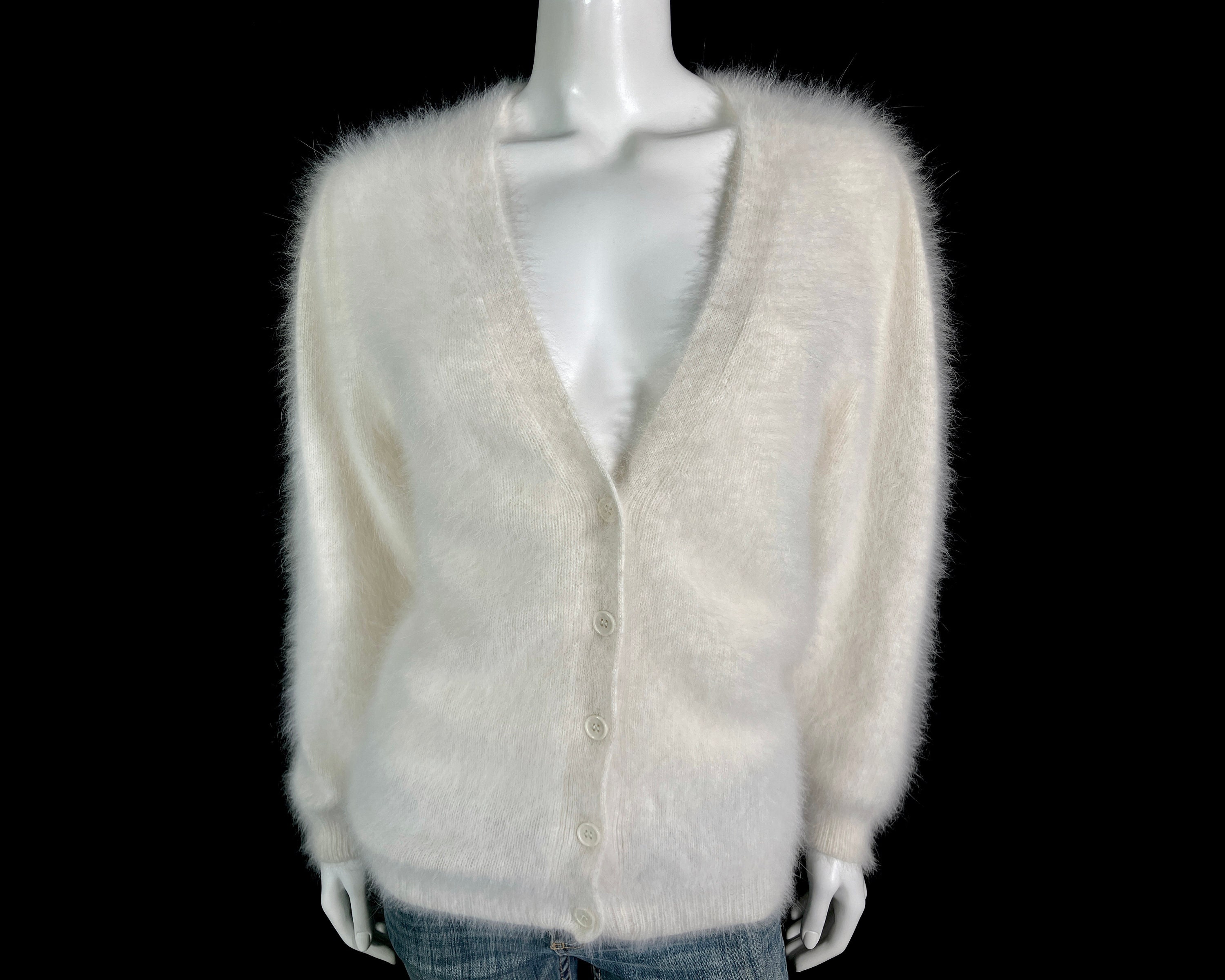 70% Angora Fuzzy Vintage Off-White V-Neck Puff-Sleeve Cardigan Sweater 34