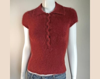 80% Angora Fuzzy J CREW Brick Polo-Collar Sweater 30"-Bust