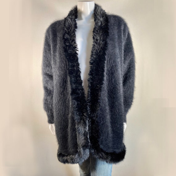 80 Angora Fuzzy FULLY FASHION Black Fur trim Sweater Coat 46bust Etsy