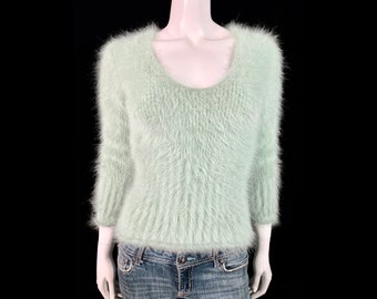 80% Angora Fuzzy Vintage EXPRESS groene trui met V-hals 32" buste