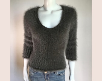 80% Angora Fuzzy EXPRESS Brown V-Neck Pullover Sweater 32"-Bust