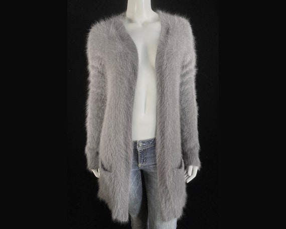 80% Angora Fuzzy THEORY Gray Open-Front Duster Ca… - image 1