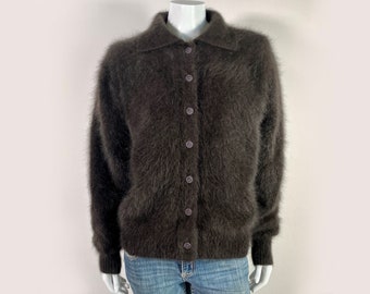 80% Angora Fuzzy Vintage VENESHA Brown Lined Sweater Jacket Coat 46"-Bust