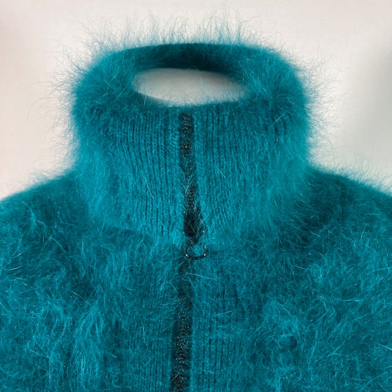 80% Angora Fuzzy Vintage VENESHA Teal Zipper Swea… - image 7