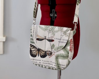 Botanical Crossbody Bag, Small Crossbody Purse Made with Secondhand Fabric. Nature Inspired Purse with Back Pocket, Removable Straps