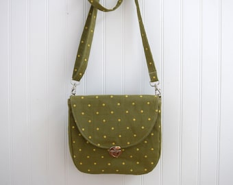 Green and Yellow Polka Dot Crossbody Bag, Small Crossbody Purse Made with Secondhand Fabric. Purse with Back Pocket, Removable Straps