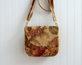 Fall Floral Crossbody Bag, Autumn Inspired Small Crossbody Purse Made with Secondhand Fabric. Purse with Back Pocket, Removable Straps
