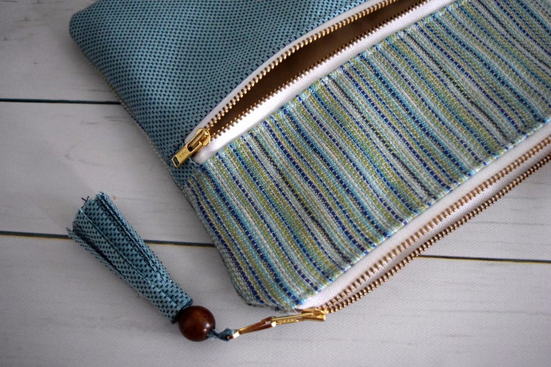 Lined Pouch Double Zipper Pouch Handmade with Recycled Farbics Eco Friendly Zip Bag with Tassel Blue and Green Striped Upcycled Material