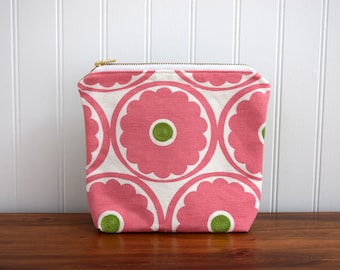 Pink and Green Small Pouch, Floral Makeup Organizer, Colorful Zipper Bag