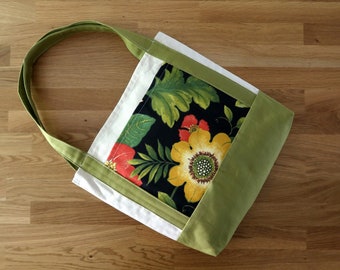 Canvas Tote with Recycled Fabric Pocket, Tote Bag with Pockets,