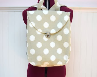 Polkadot Backpack Purse, Mini Backpack Handmade with Polka Dot and Blue Stripe Cotton Fabric. Lined Bag with Adjustable Straps, Back Pocket