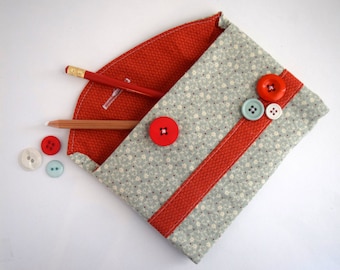 Red, White and Blue Small Bag, Pencil Case in Floral Print and Red Lining, Accessory Case with Button Close. Pencil Pouch with Button Detail