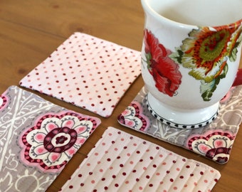 SALE- Floral and  Polka Dot Printed Fabric Coasters. Set of Four Quilted Drink Rug. Handmade Housewarming Gift in Grey and Pink