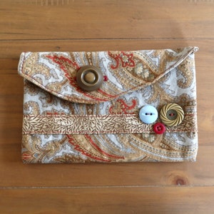 blauwe Paisley potloodhouder, etui handgemaakt met knopen, kleine portemonnee in blauwe en bruine stof