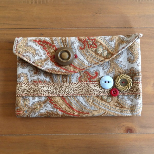 Blue Paisley Pencil Holder, Pouch Handmade With Buttons, Small Purse In Blue And Brown Fabric