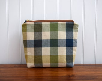 Country Plaid and Floral Eco Friendly Bag, Made with Recycled Fabrics. Upcycled Zipper Pouch with Flat Bottom. Small Pouch in Green and Blue