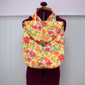 Yellow Floral Backpack, Mini Backpack Purse Handmade. Cotton Backpack, Lined Bag with Adjustable Straps, Back Zipper Pocket