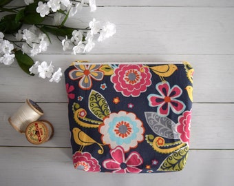 Spring Floral Makeup Bag, Zip Pouch, Zipper Close Bag. Flat Bottom Bag. Floral and Bird Cosmetic Pouch, Small Bag, Colorful