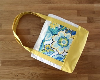 Market Tote Bag with Pockets, Eco Friendly Canvas Tote with Recycled Fabric Pocket. Yellow Canvas Bag with Floral Print