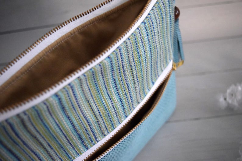 Lined Pouch Double Zipper Pouch Handmade with Recycled Farbics Eco Friendly Zip Bag with Tassel Blue and Green Striped Upcycled Material