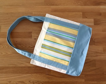 Blue Canvas Tote, Market Tote Bag with Pockets, Eco Friendly Canvas Tote with Recycled Fabric Pocket. Striped Tote
