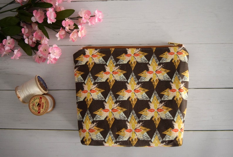 Wanderer Print Makeup Bag, Aztec Zip Pouch, Zipper Close Bag. Flat Bottom Bag. Brown and Pink Geometric Cosmetic Pouch, Small Bag image 1