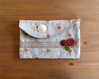 Light Blue Floral Small Pouch, Pencil Holder Handmade with Cotton. Cute Pencil Pouch