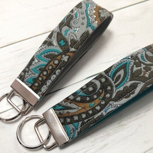 Grey, Brown and Teal Key Chain, Cotton Keychain made with Vinyl. Vegan Leather Wrist Strap. Faux Leather Key Fob Handmade.