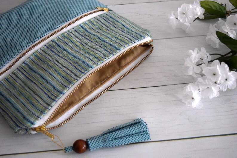 Lined Pouch Double Zipper Pouch Handmade with Recycled Farbics Eco Friendly Zip Bag with Tassel Blue and Green Striped Upcycled Material