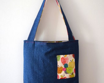 SALE Tote Bag Made W/ Denim And Cotton. Handmade Bag In Colorful Apple Print W/ Interior And Exterior Pockets, Button Details, Teacher Gift