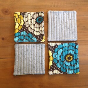 SALE- Floral and Stripe Printed Fabric Coasters. Set of Four Quilted Drink Rug. Handmade Housewarming Gift in Blue, Grey and Yellow