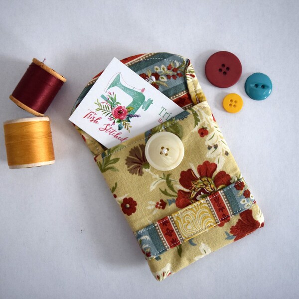 Small Fabric Pouch for Business Cards, Gift Cards, Credit Cards. Cotton Card Holder w/ Button Close in Burgandy and Beige Floral & Stripe
